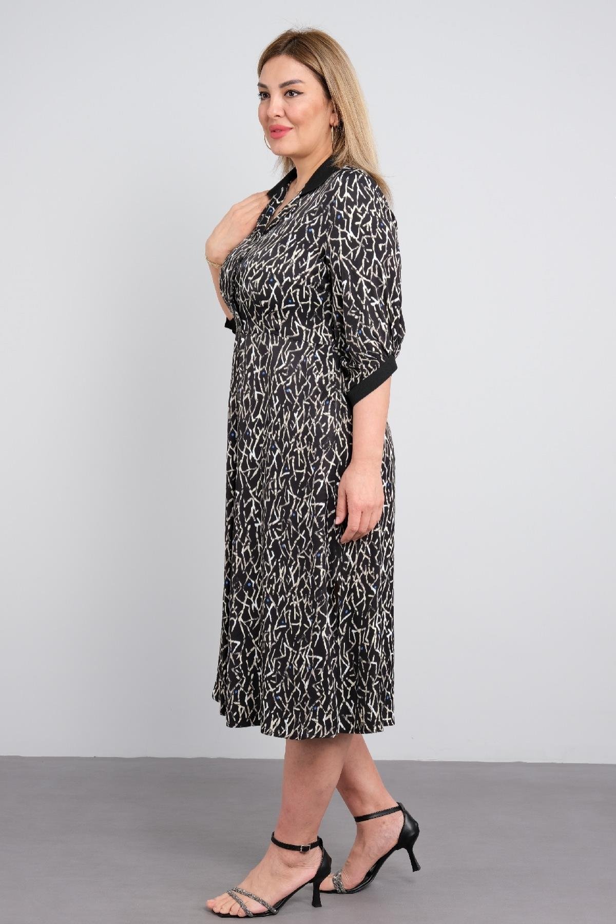 Günlük diz boy ve kemer detaylı uzun kollu büyük beden kadın elbisesi