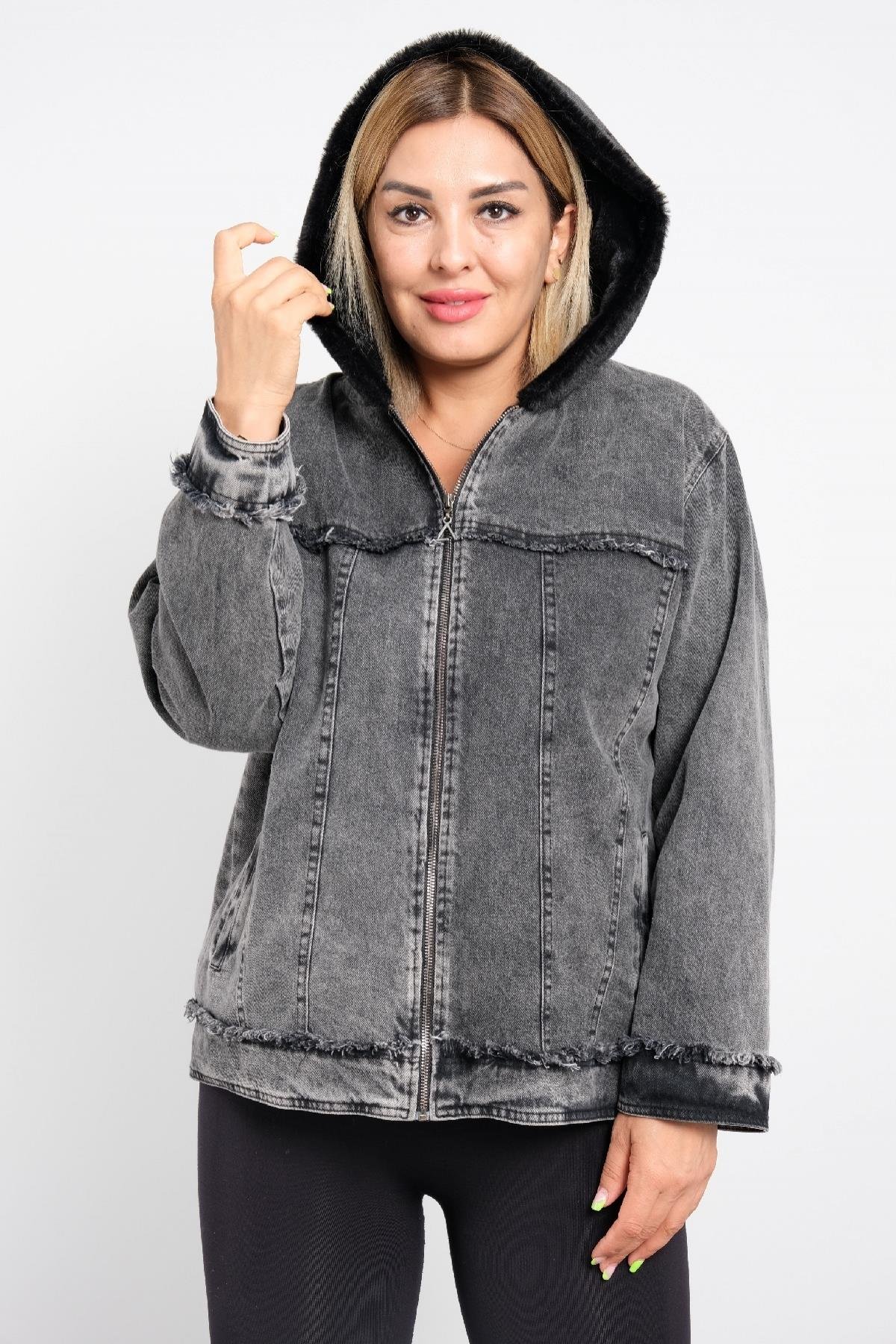 kapşonlu, kot kumaş kısa mont