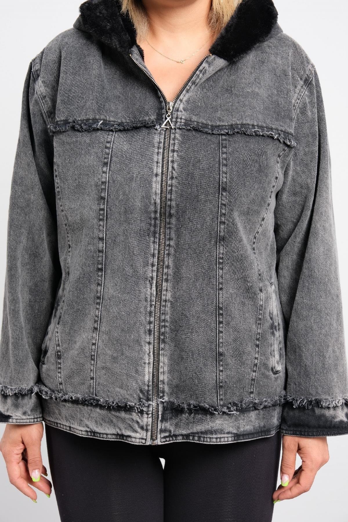 kapşonlu, kot kumaş kısa mont