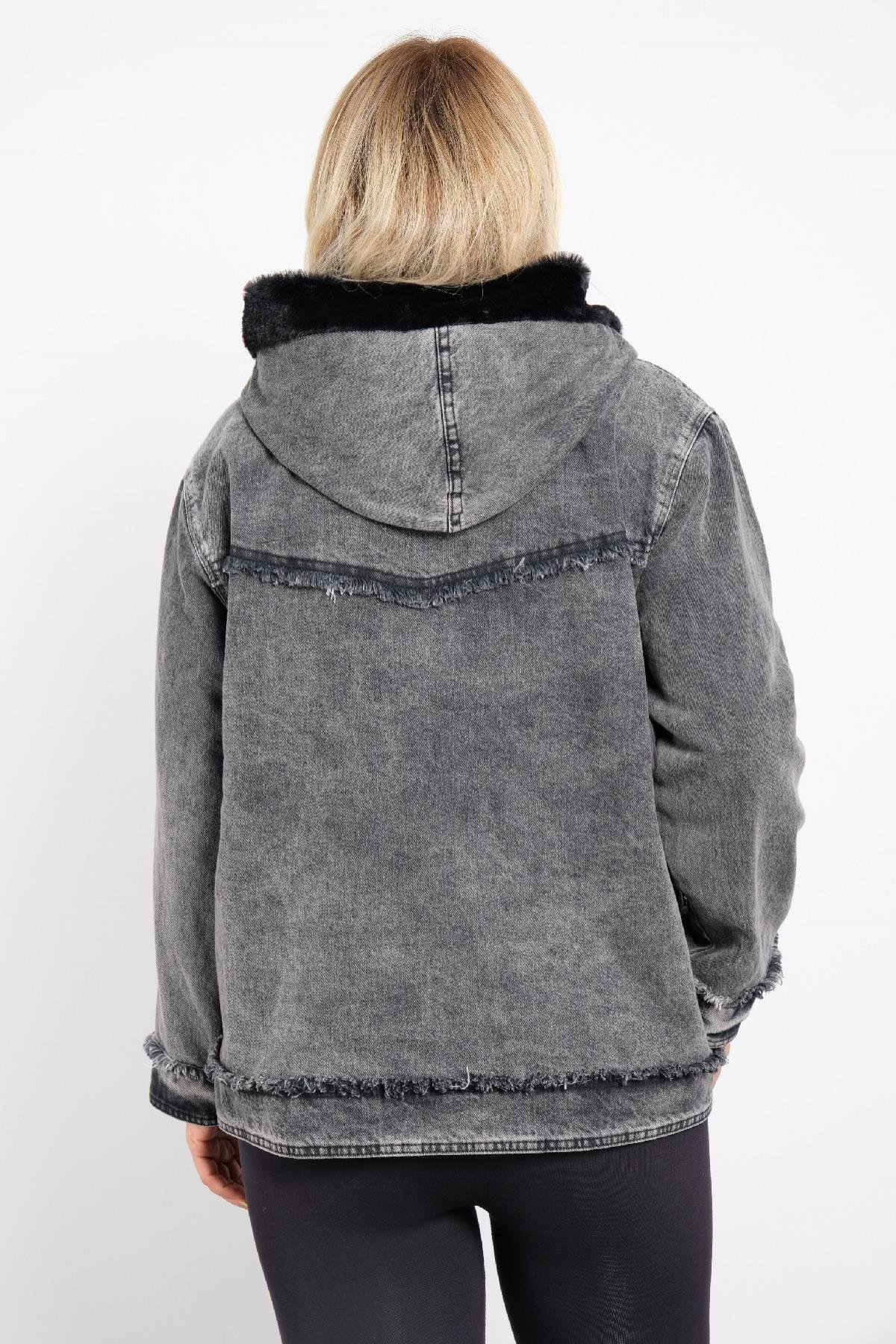 kapşonlu, kot kumaş kısa mont