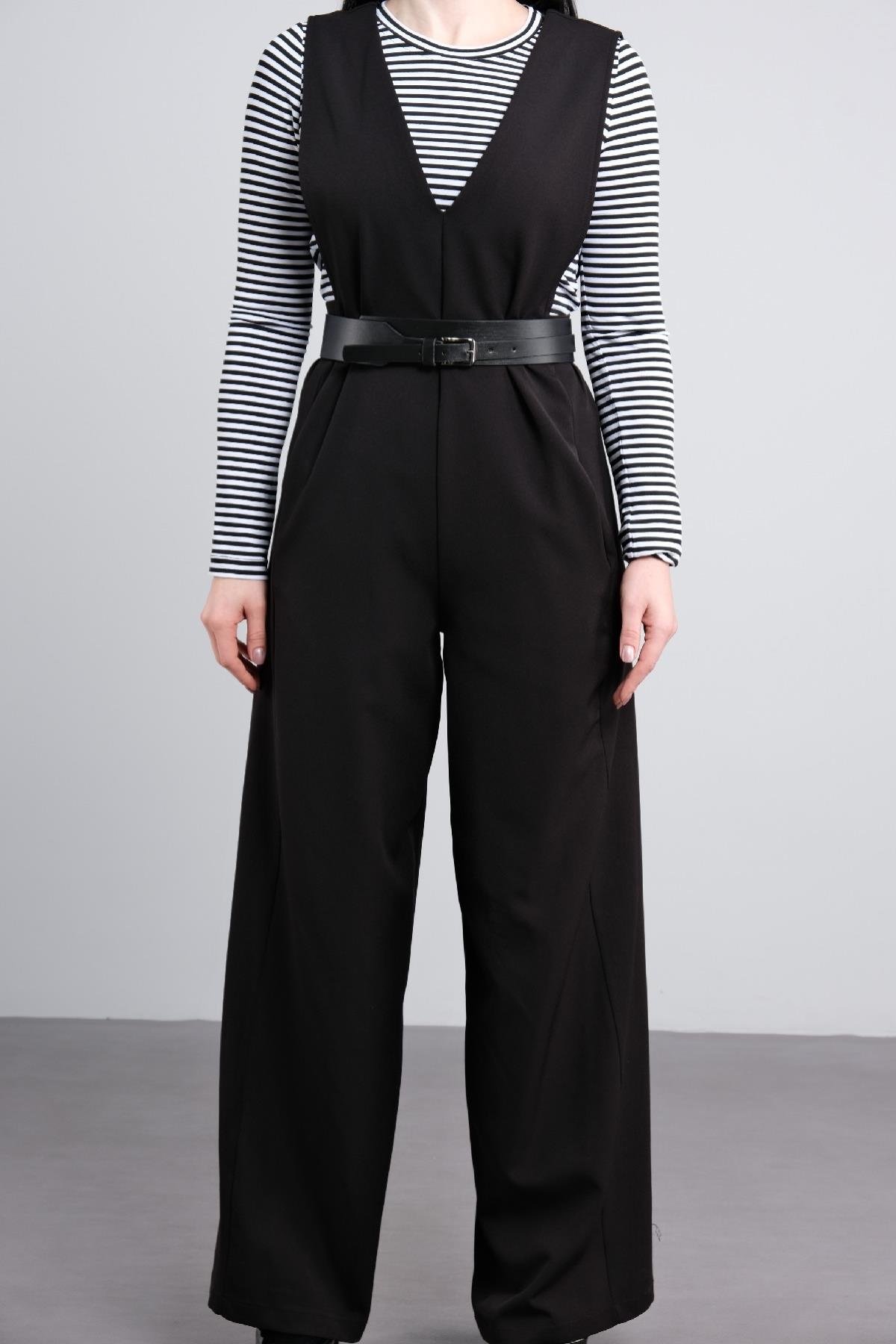 Kemer detaylı ve çizgili tişörtlü kadın elbisesi