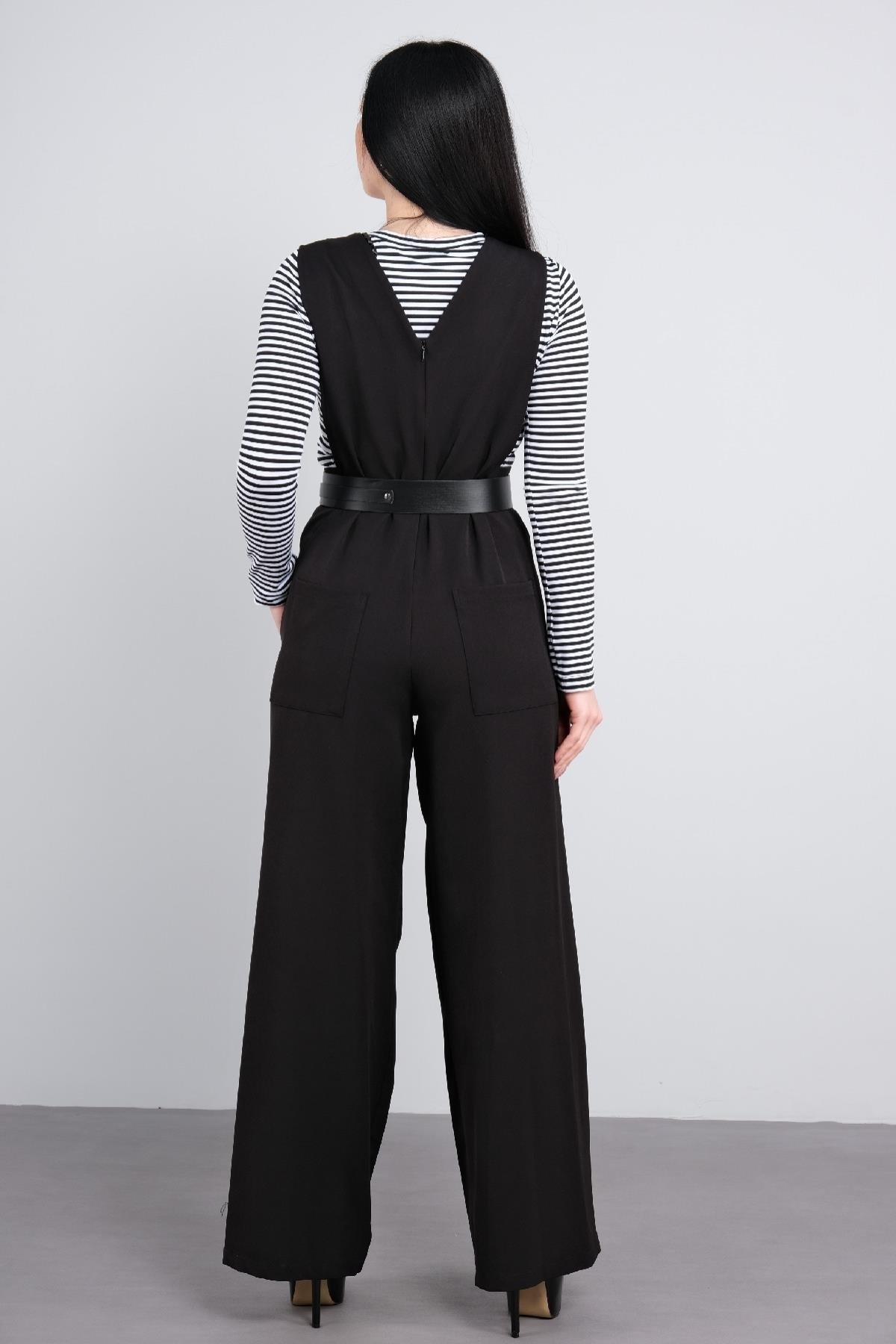 Kemer detaylı ve çizgili tişörtlü kadın elbisesi