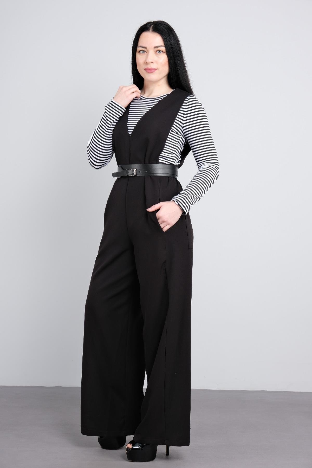 Kemer detaylı ve çizgili tişörtlü kadın elbisesi