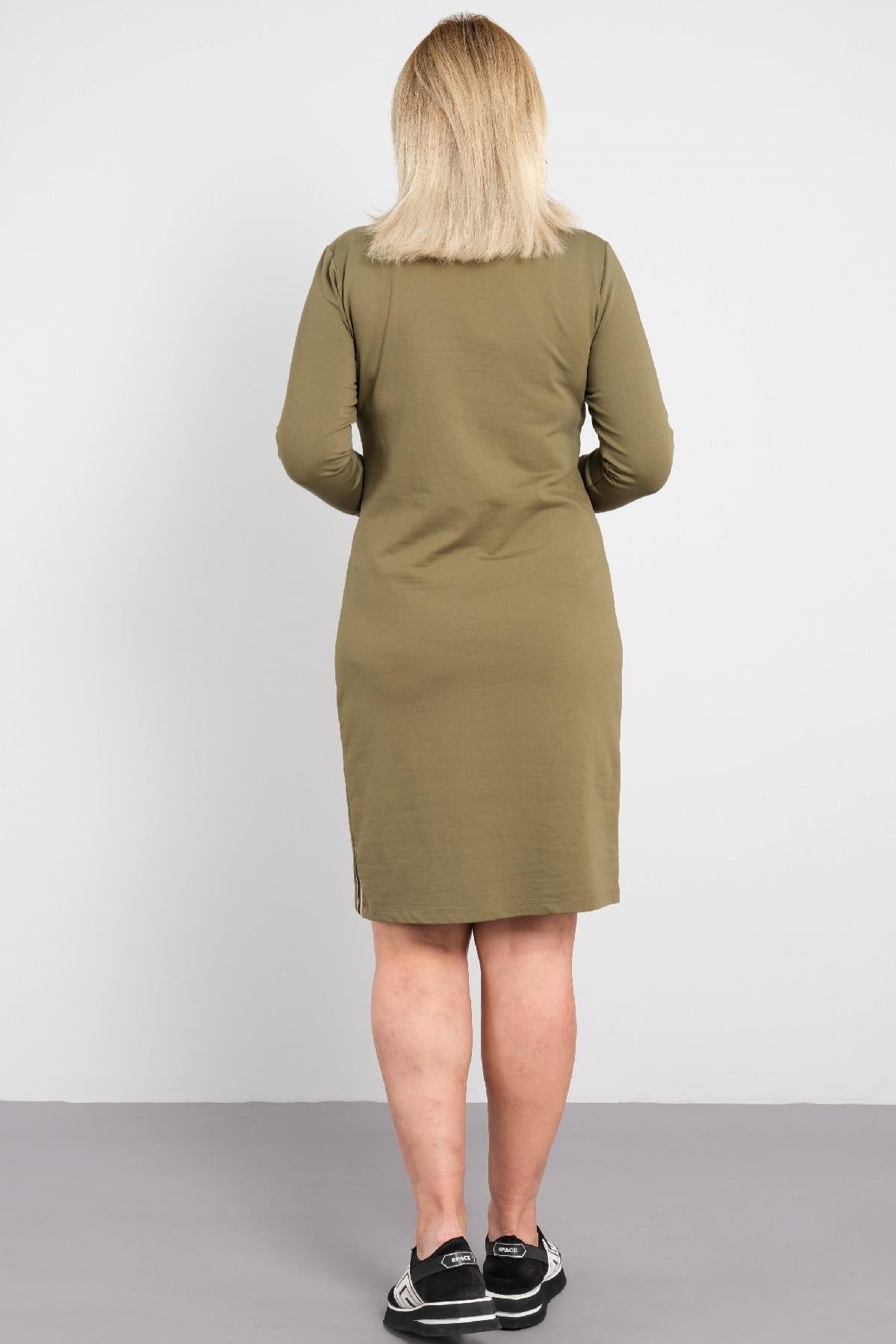 Kuş görünümlü taş işlemeli uzun kollu günlük kadın elbisesi