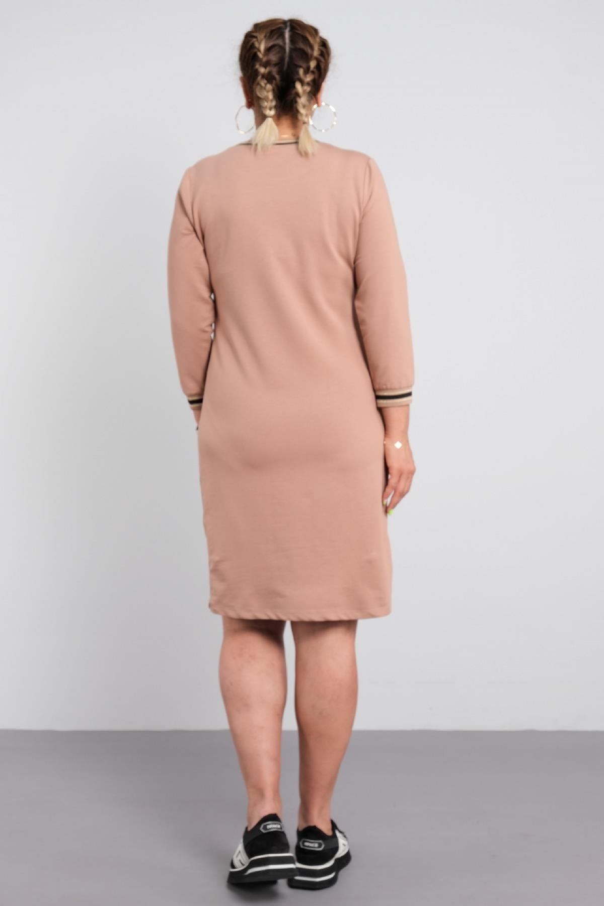 Kuş görünümlü taş işlemeli uzun kollu günlük kadın elbisesi