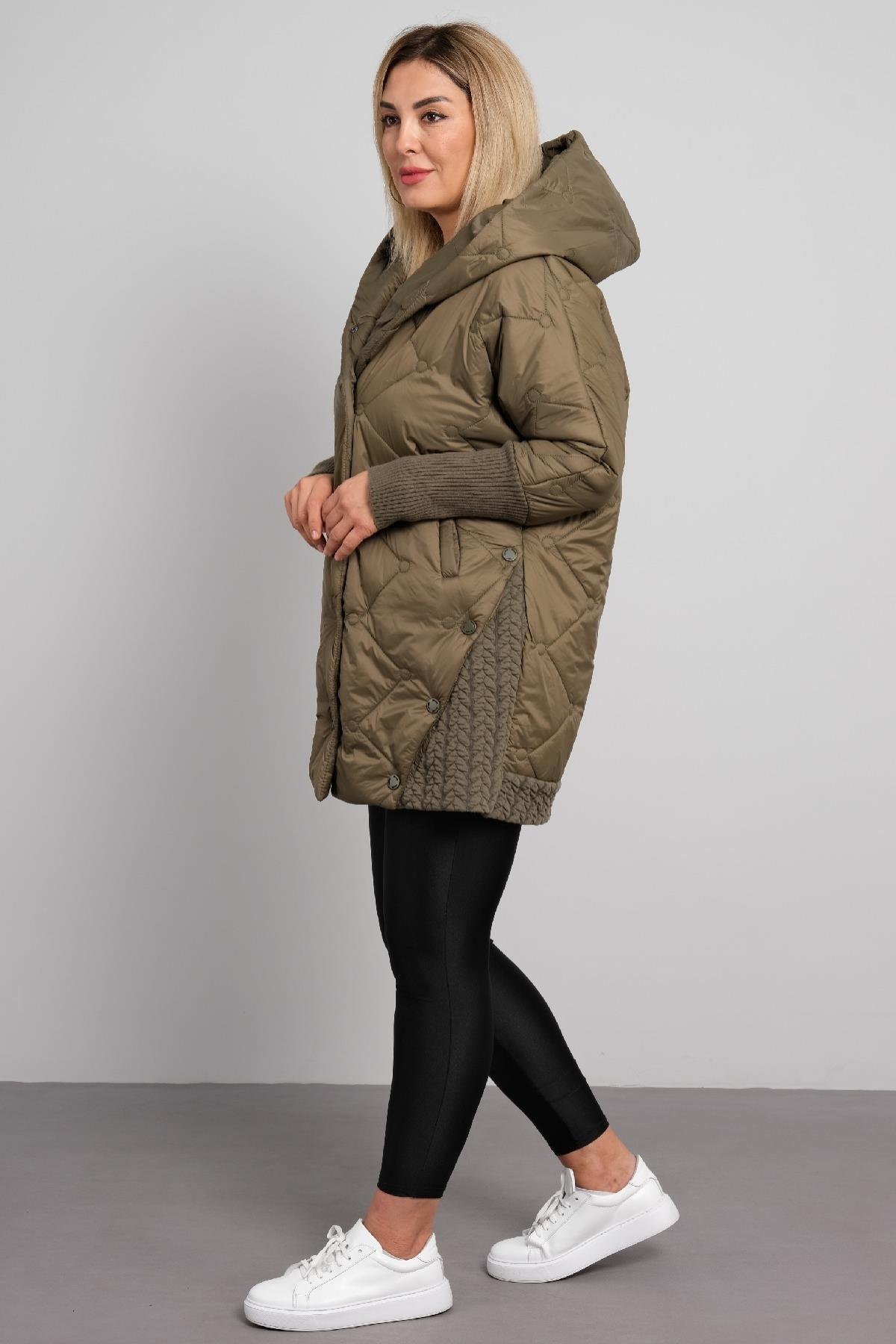 Önü düğmeli büyük beden kadın uzun mont