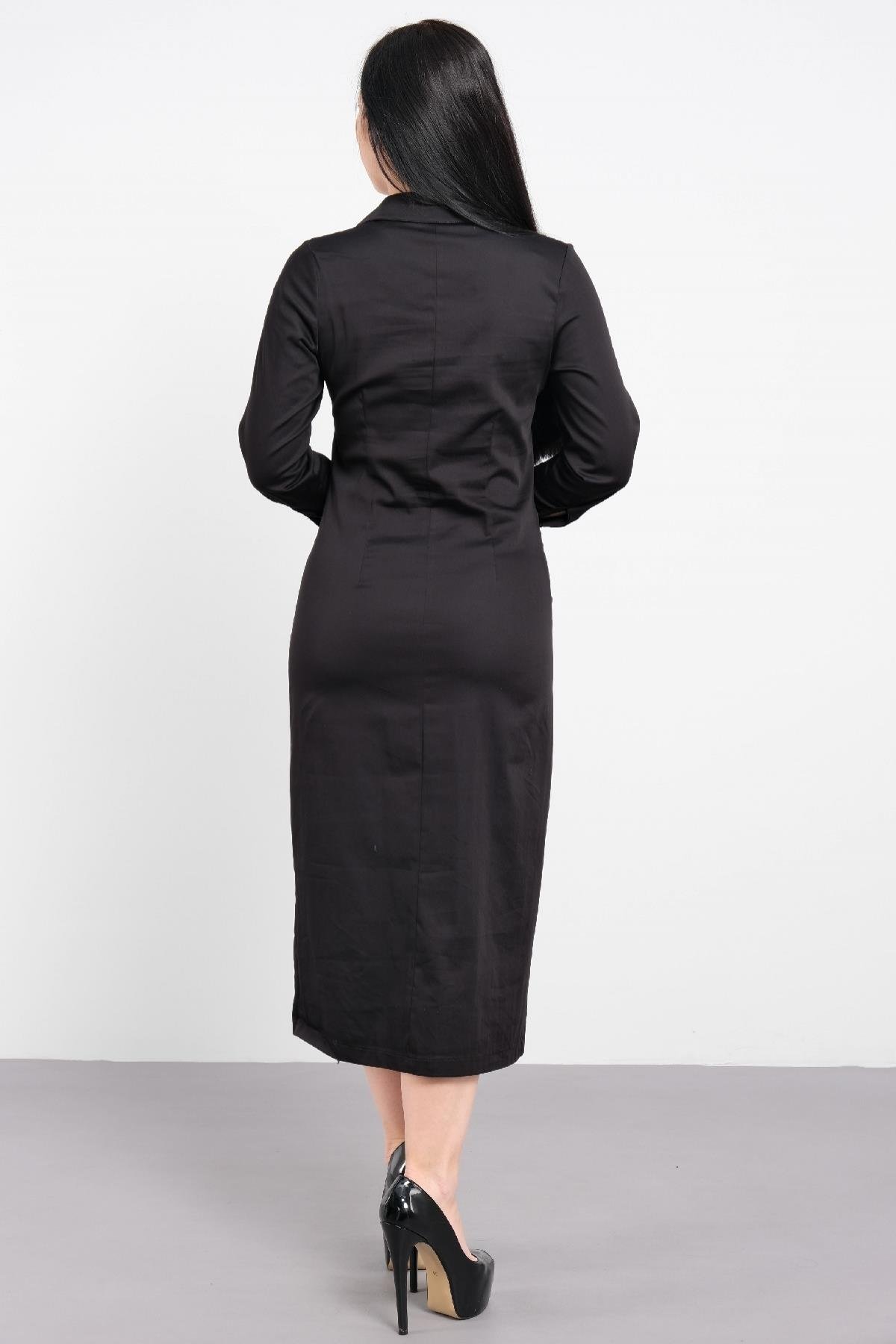 Önü düğmeli cepli uzun kollu uzun elbise