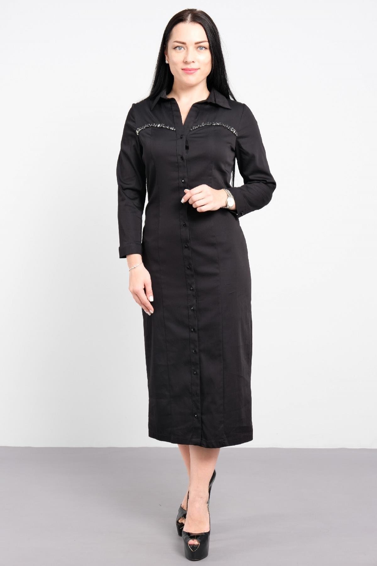 Önü düğmeli cepli uzun kollu uzun elbise