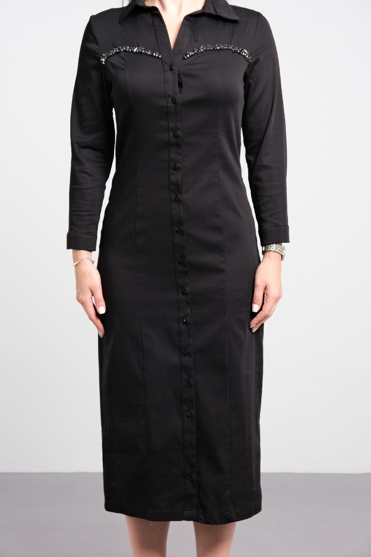 Önü düğmeli cepli uzun kollu uzun elbise