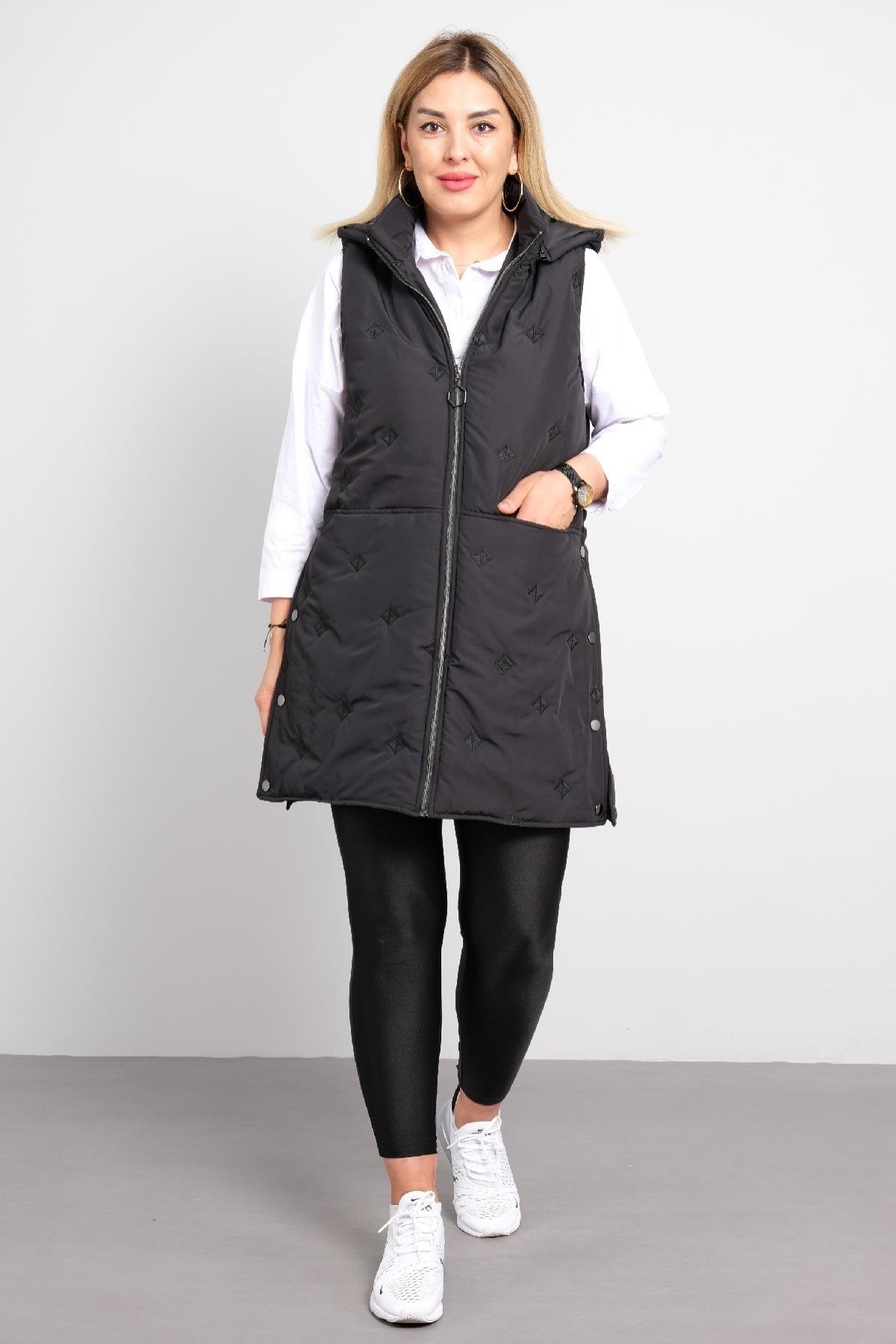 Önü farmuarlı büyük beden kadın uzun yelek