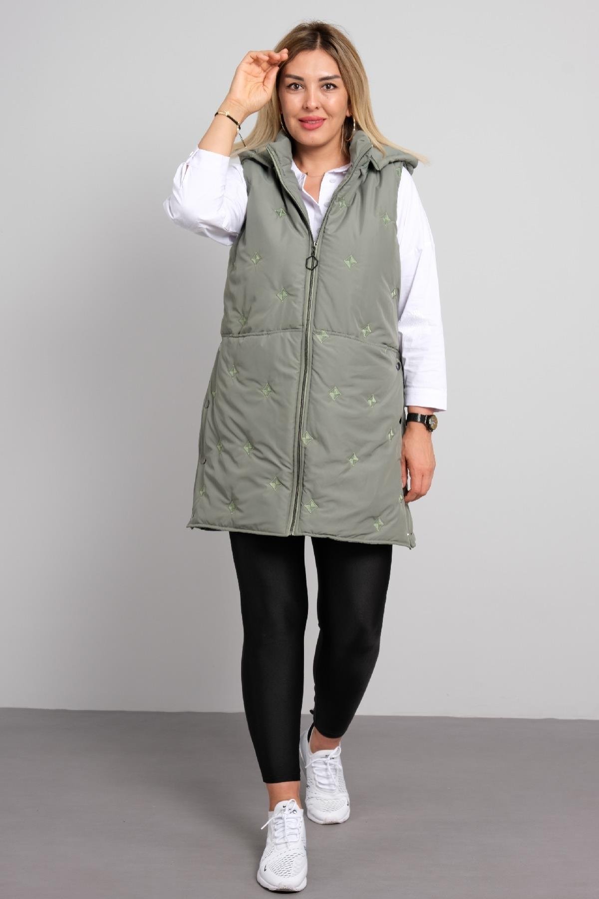 Önü farmuarlı büyük beden kadın uzun yelek