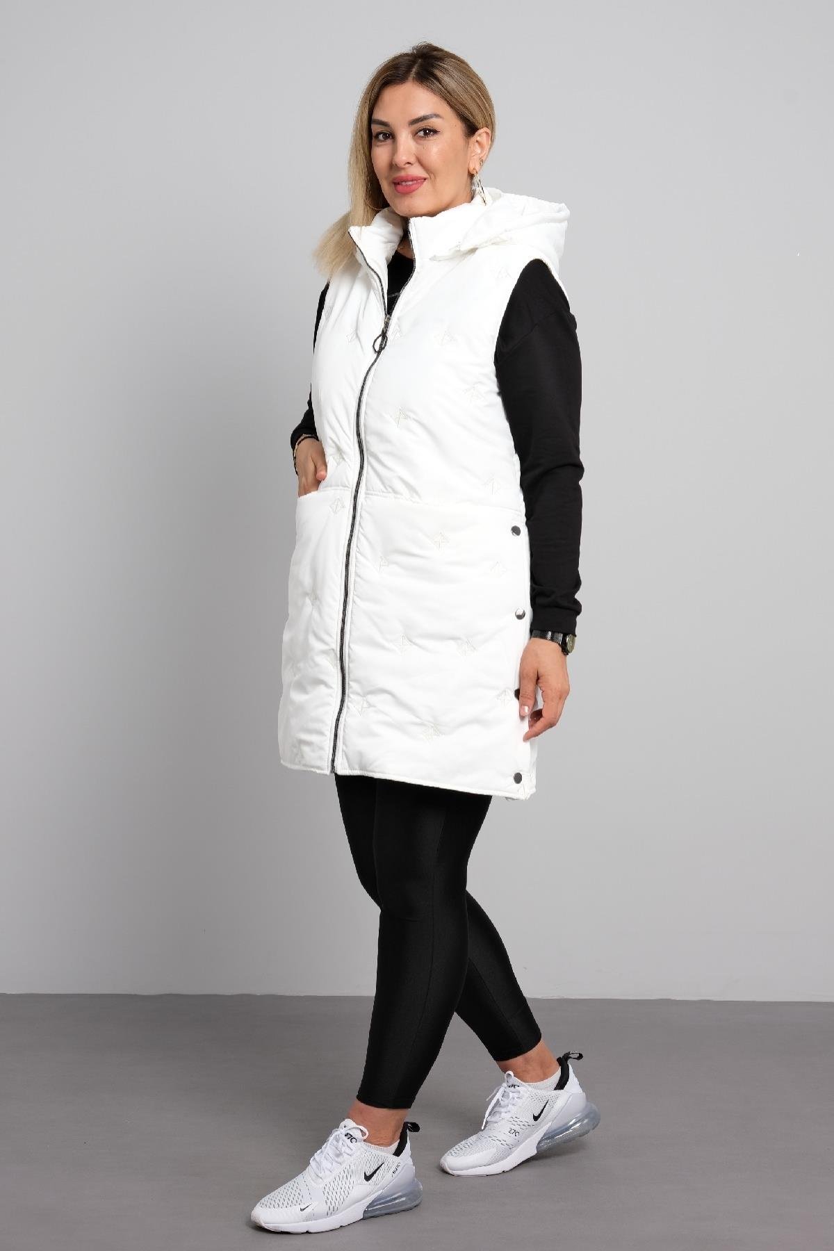 Önü farmuarlı büyük beden kadın uzun yelek