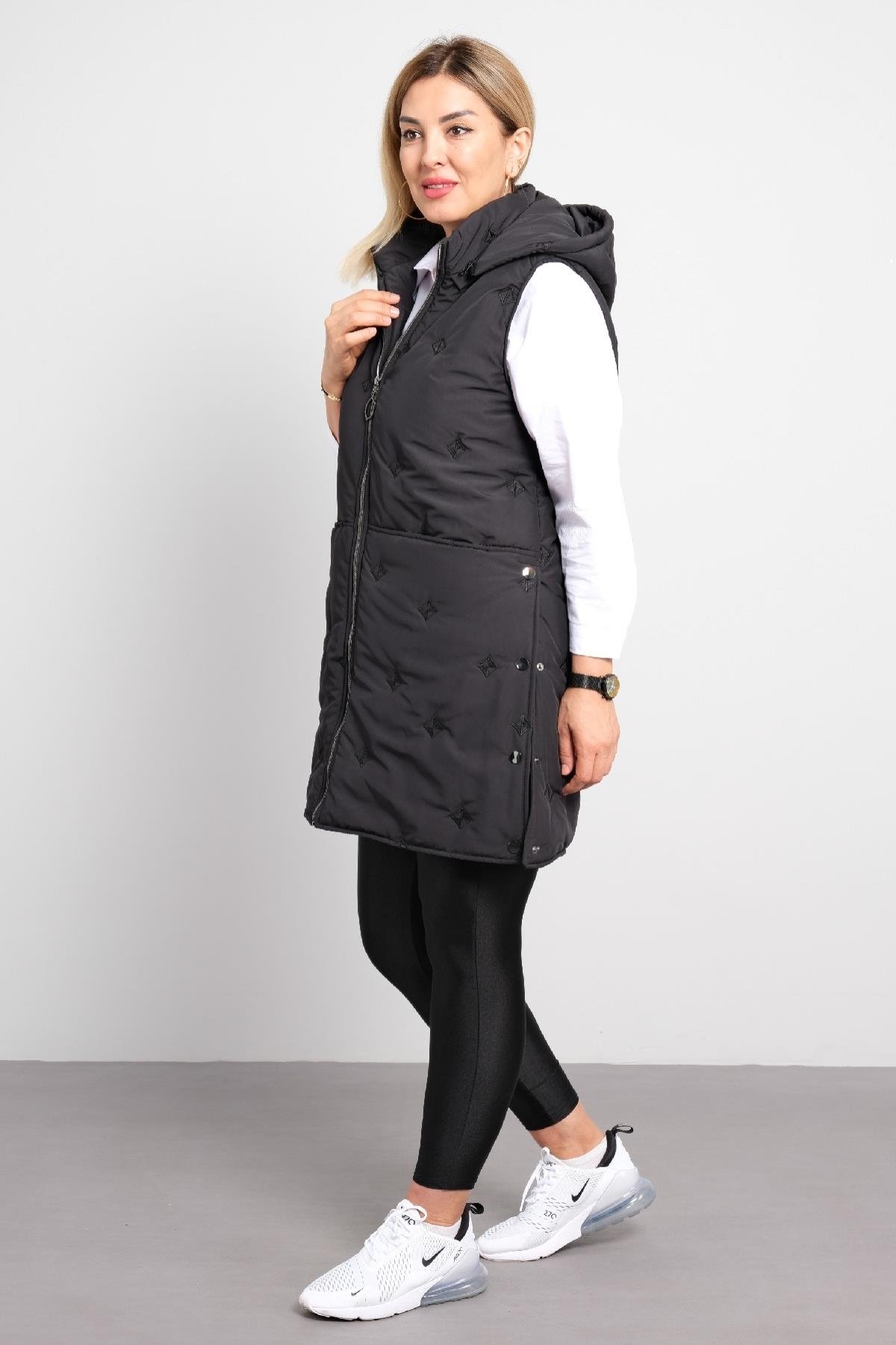 Önü farmuarlı büyük beden kadın uzun yelek