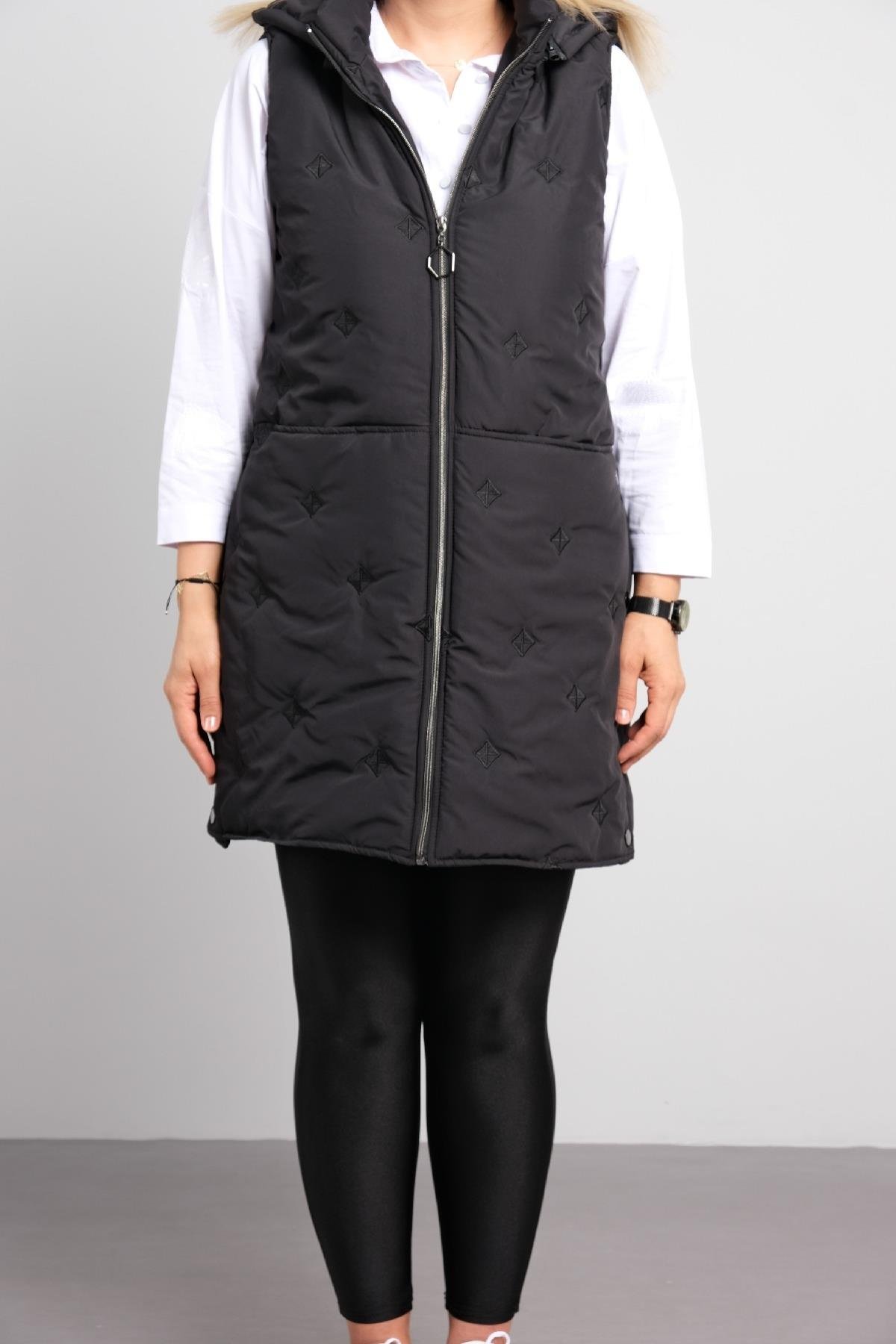 Önü farmuarlı büyük beden kadın uzun yelek