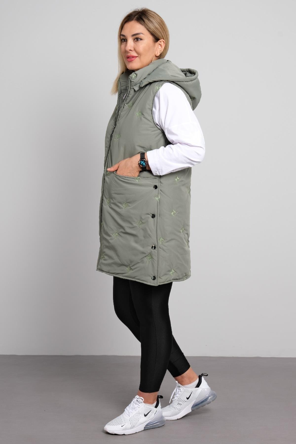 Önü farmuarlı büyük beden kadın uzun yelek