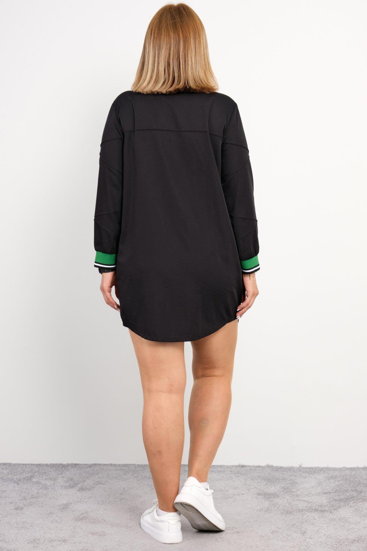 Önü fermuarlı, cep detaylı ve baskılı kadın tunik