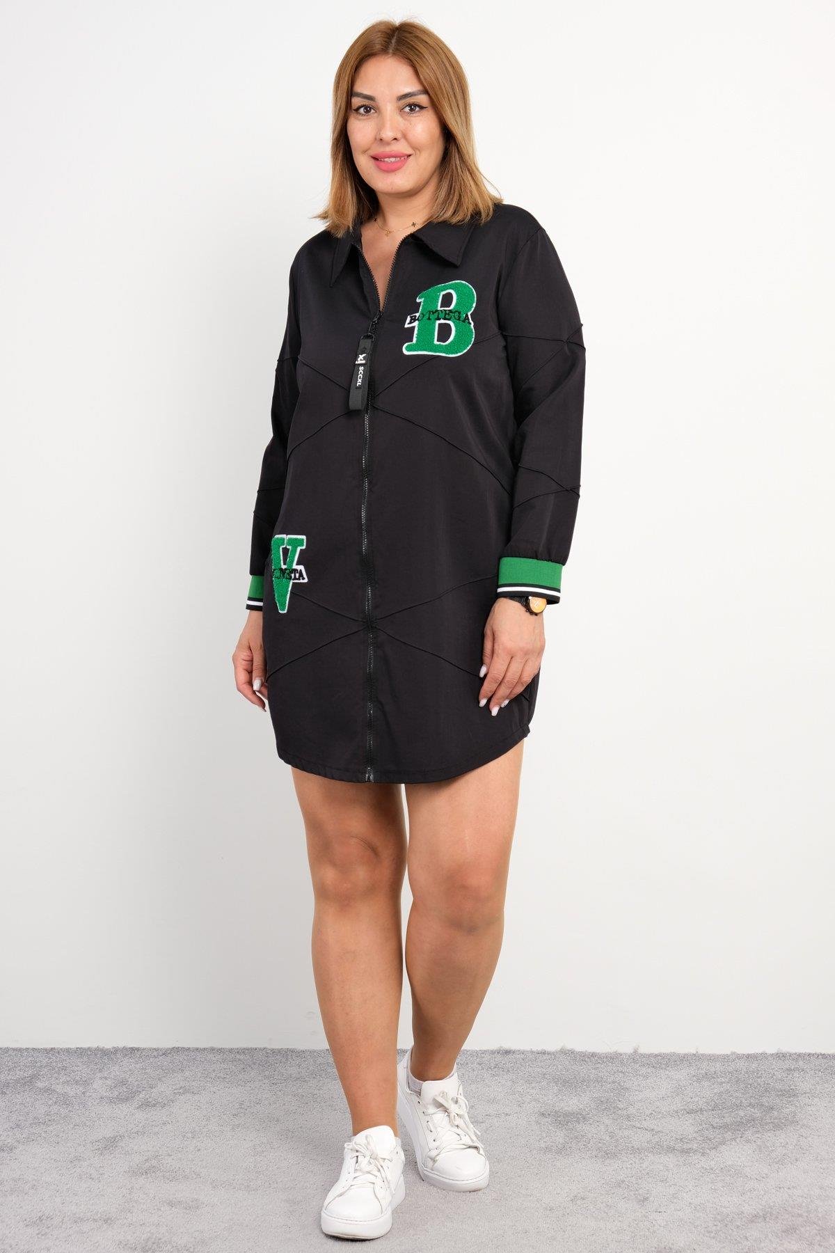 Önü fermuarlı, cep detaylı ve baskılı kadın tunik