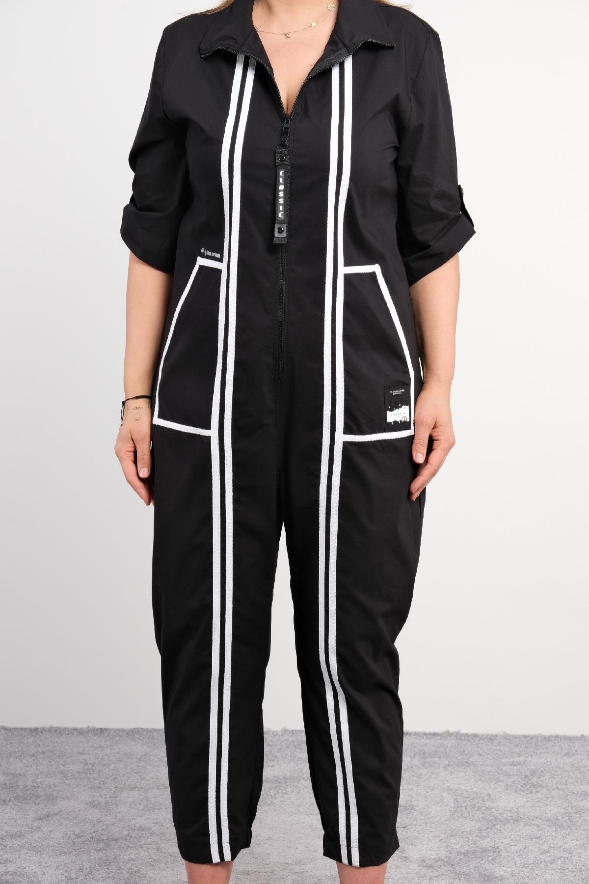 Önü fermuarlı ve şerit baskılı büyük beden kadın spor tarz tulum