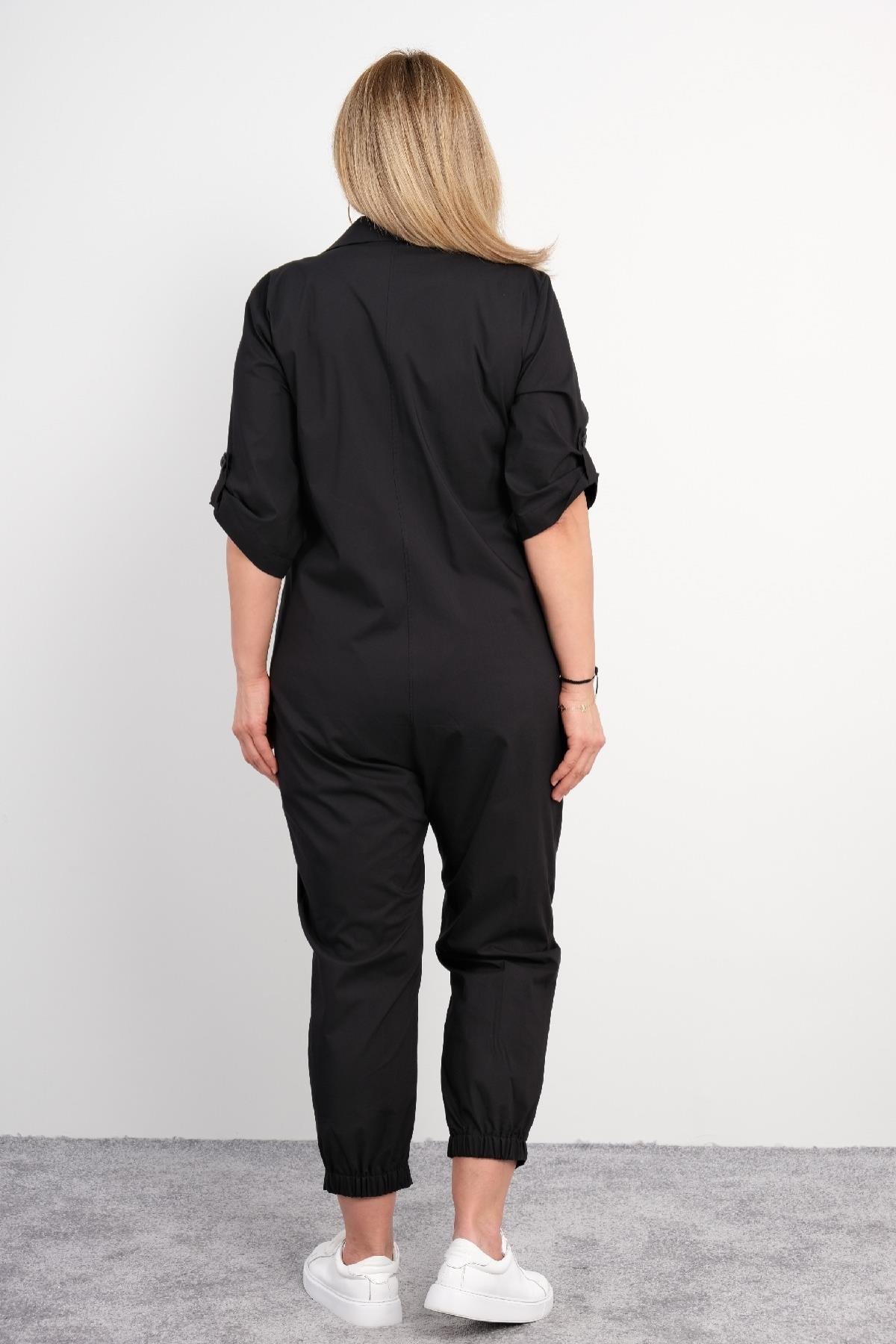 Önü fermuarlı ve şerit baskılı büyük beden kadın spor tarz tulum