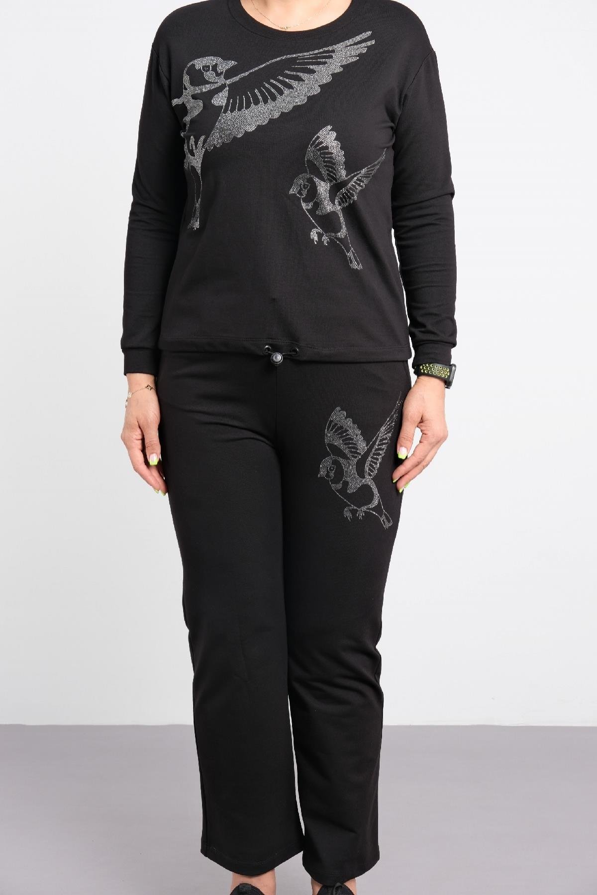 önü kuş baskılı, kadın takımı