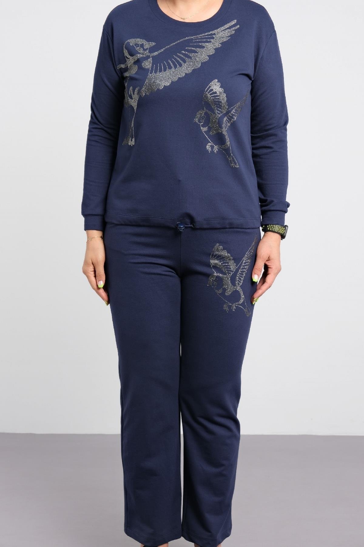 önü kuş baskılı, kadın takımı