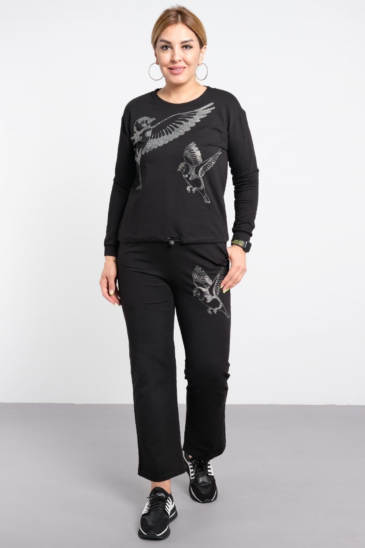 önü kuş baskılı, kadın takımı