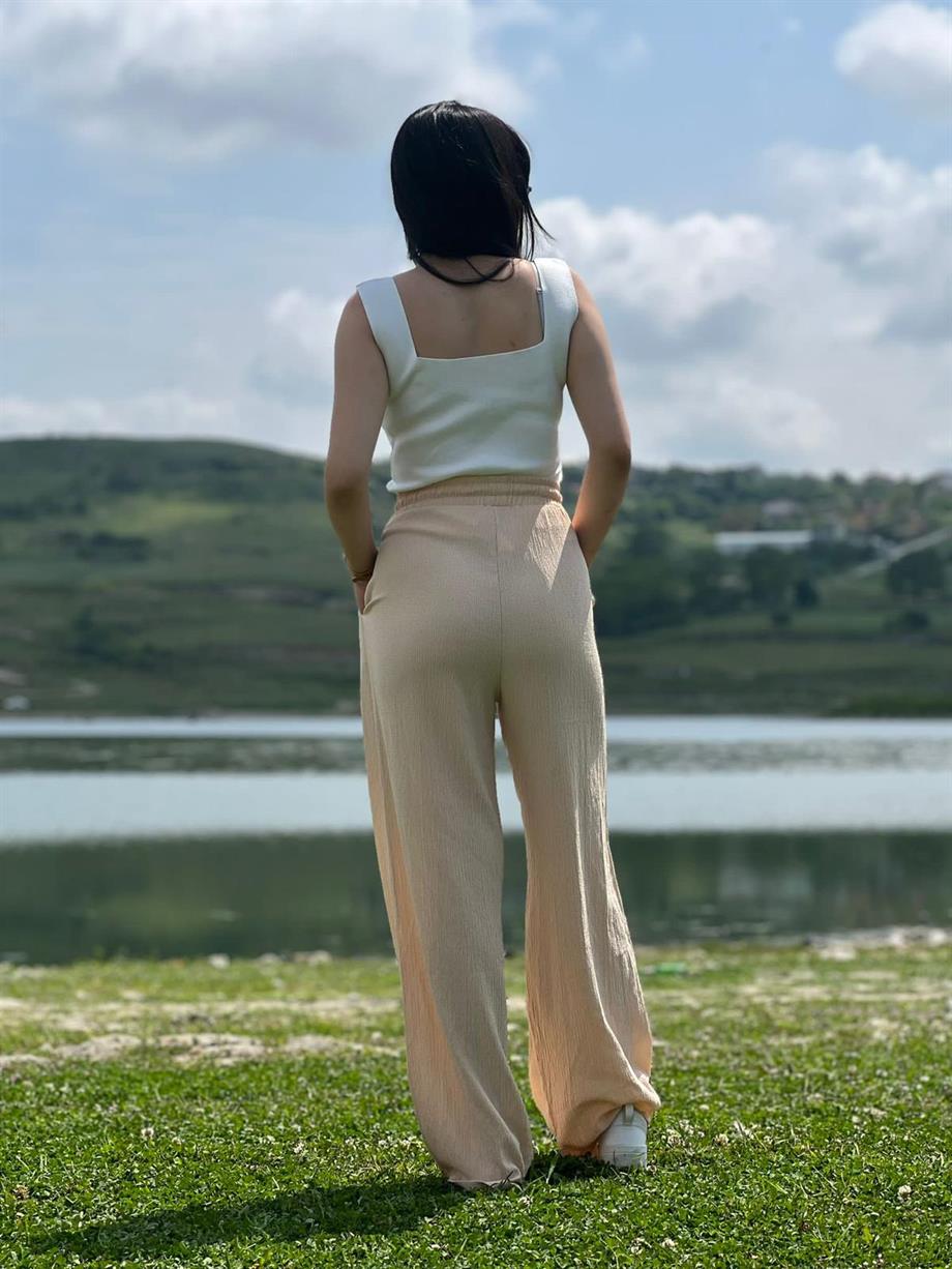 Beli Lastikli Bol Paça Bürümcük Kumaş Pantolon Taş