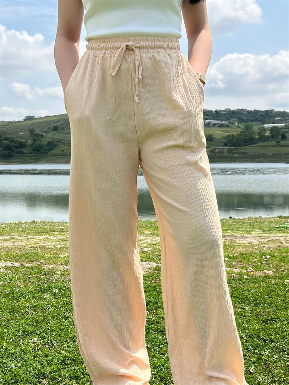 Beli Lastikli Bol Paça Bürümcük Kumaş Pantolon Taş