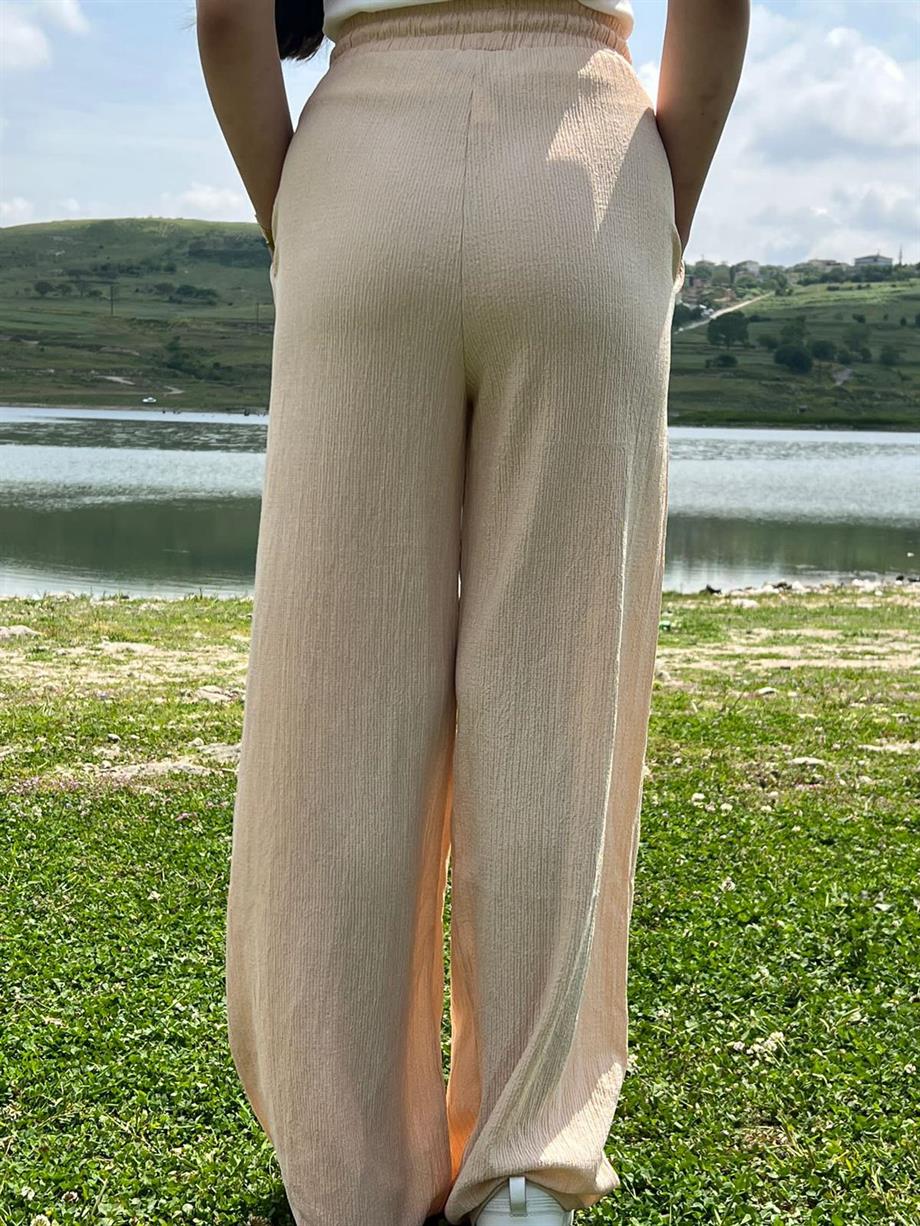 Beli Lastikli Bol Paça Bürümcük Kumaş Pantolon Taş