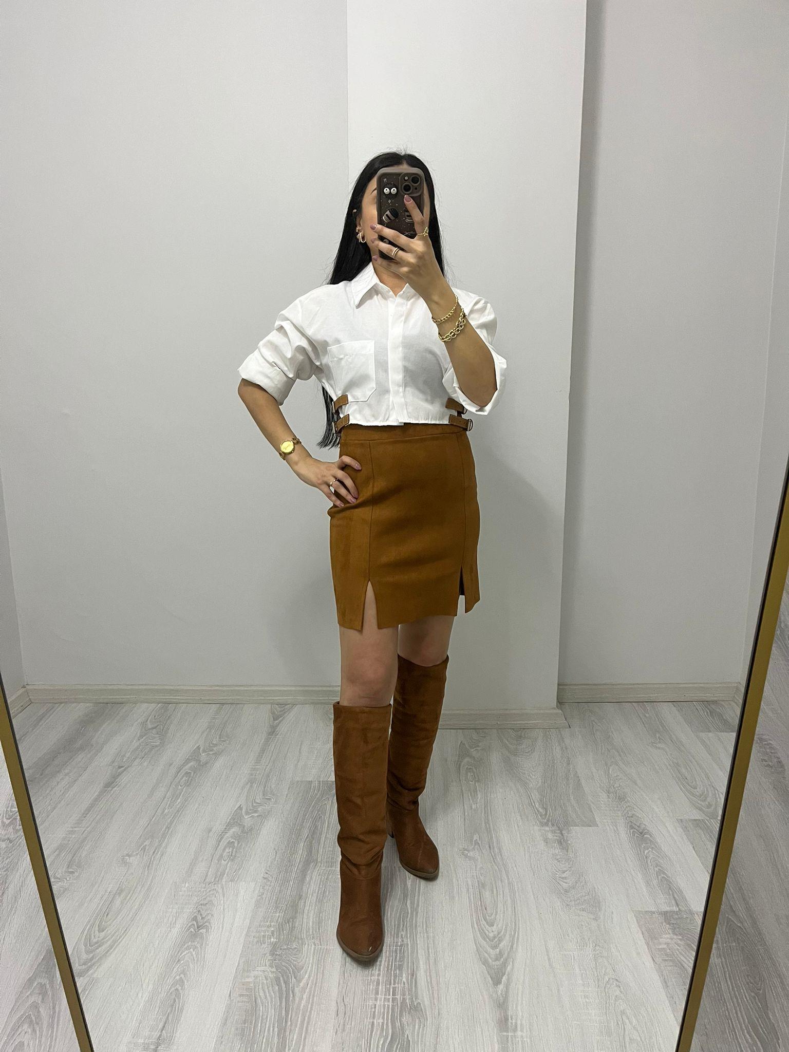 Çift Yırtmaçlı Yandan Fermuarlı Süet Etek Taba