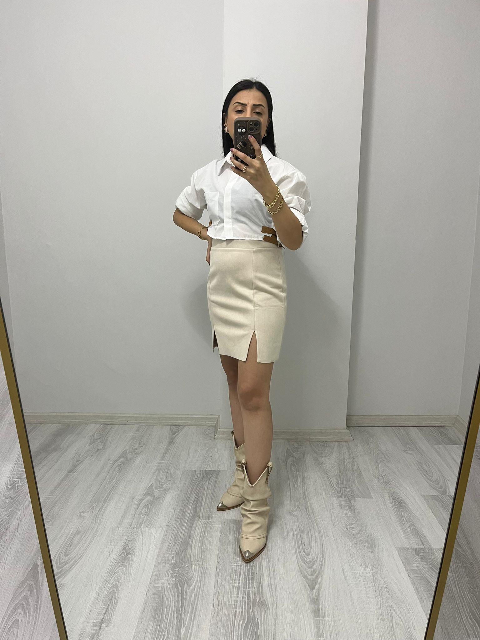 Çift Yırtmaçlı Yandan Fermuarlı Süet Etek Bej