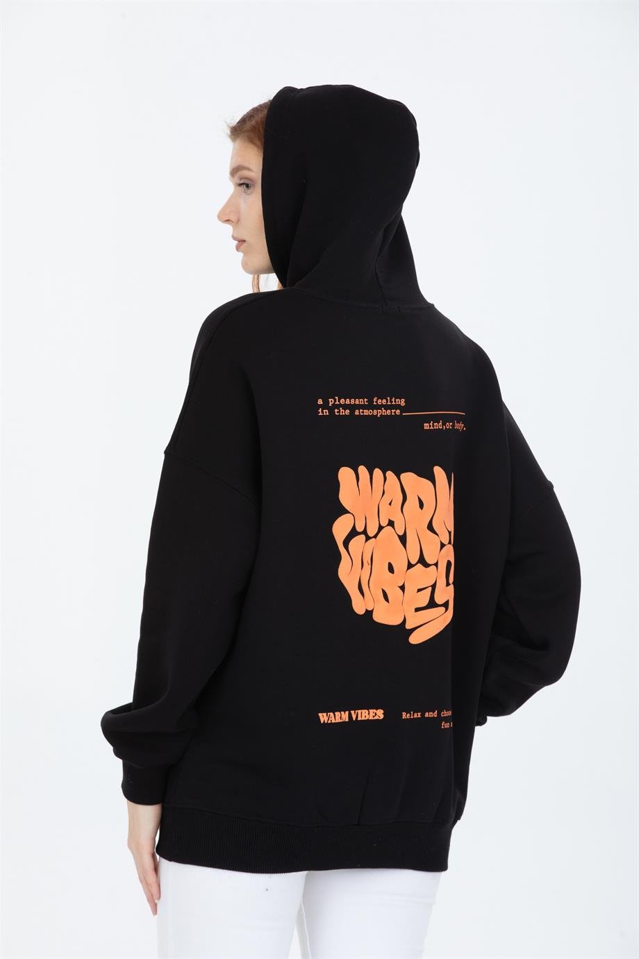 Kapüşonlu Ön Arka Baskılı Sweatshırt Siyah