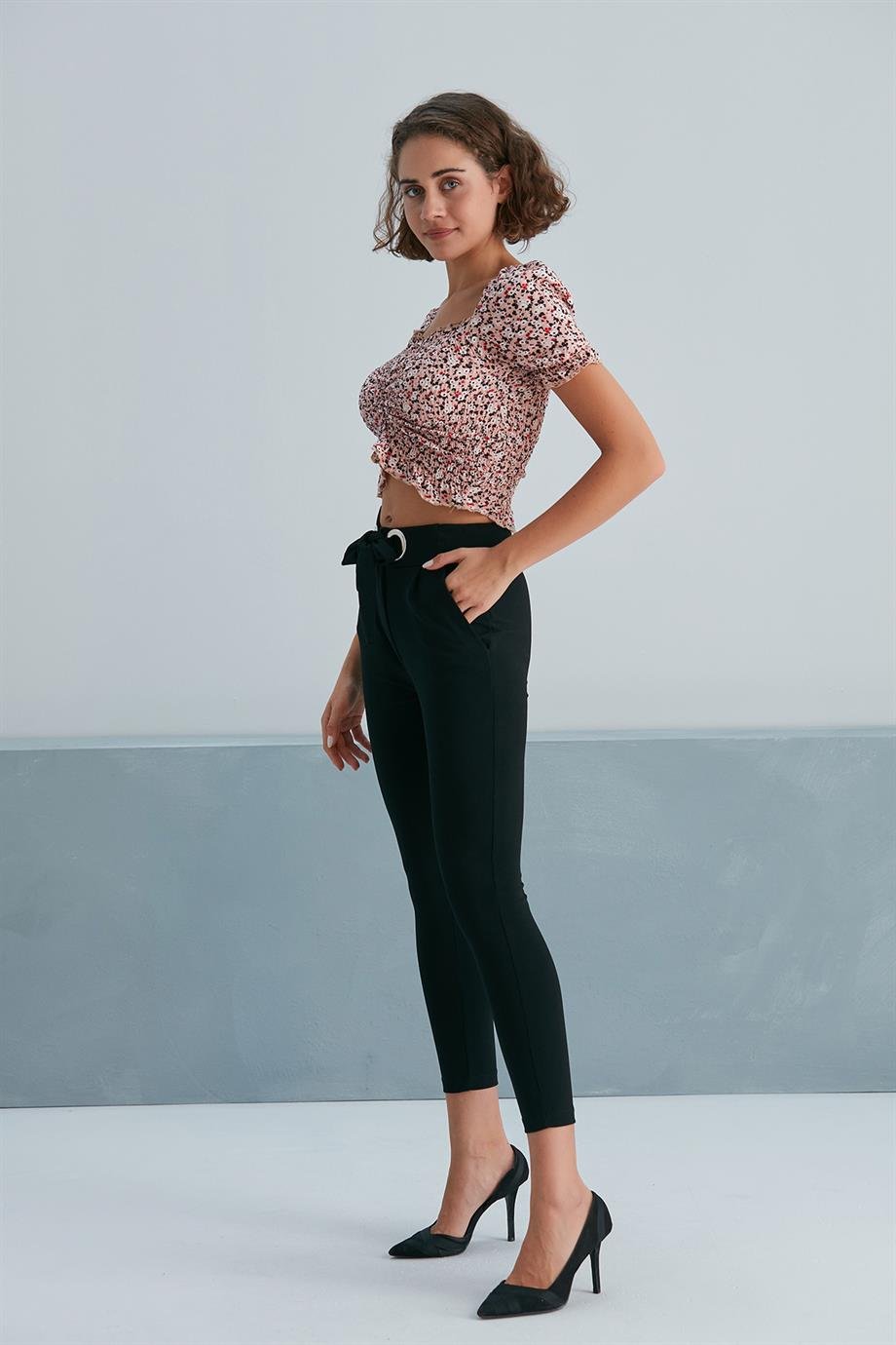 Kemeri Kuş Gözlü Polyester Kumaş Pantolon Siyah