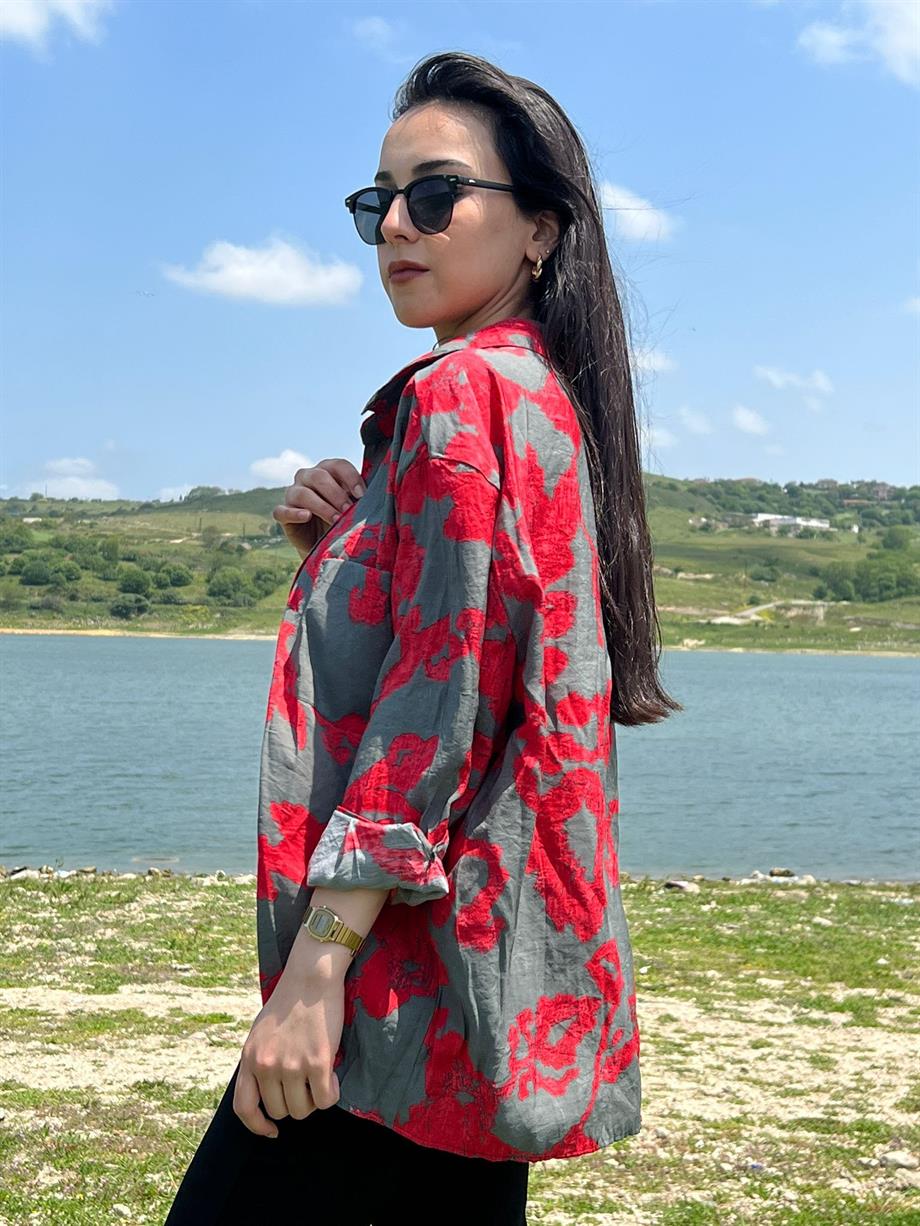 Oversize Baskılı Gömlek Kırmızı