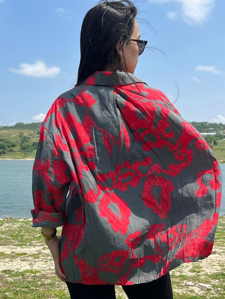 Oversize Baskılı Gömlek Kırmızı