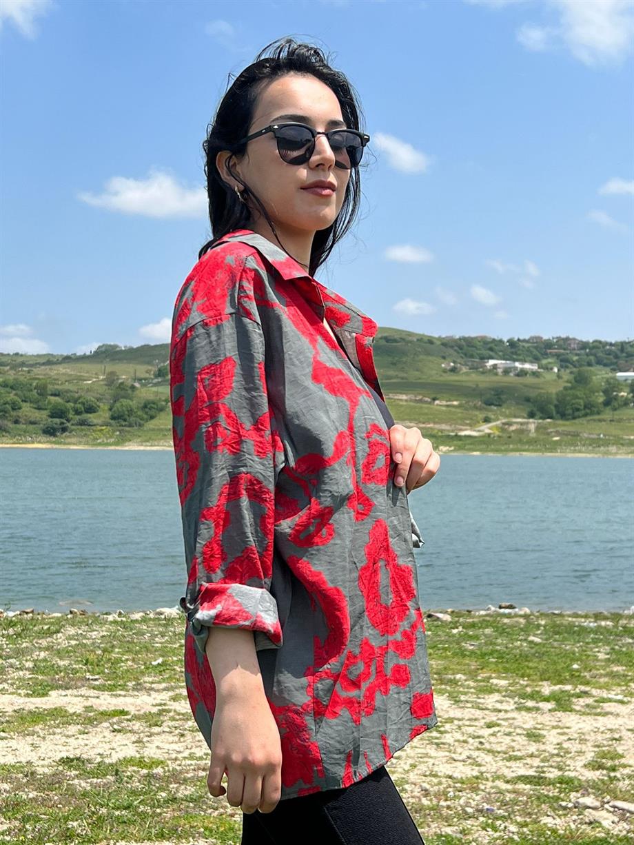 Oversize Baskılı Gömlek Kırmızı