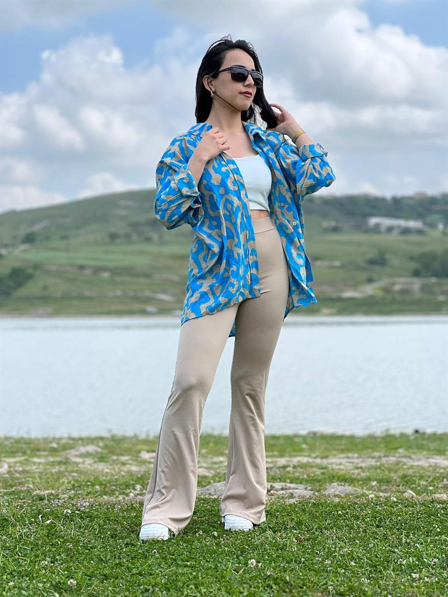 Oversize Baskılı Gömlek Mavi
