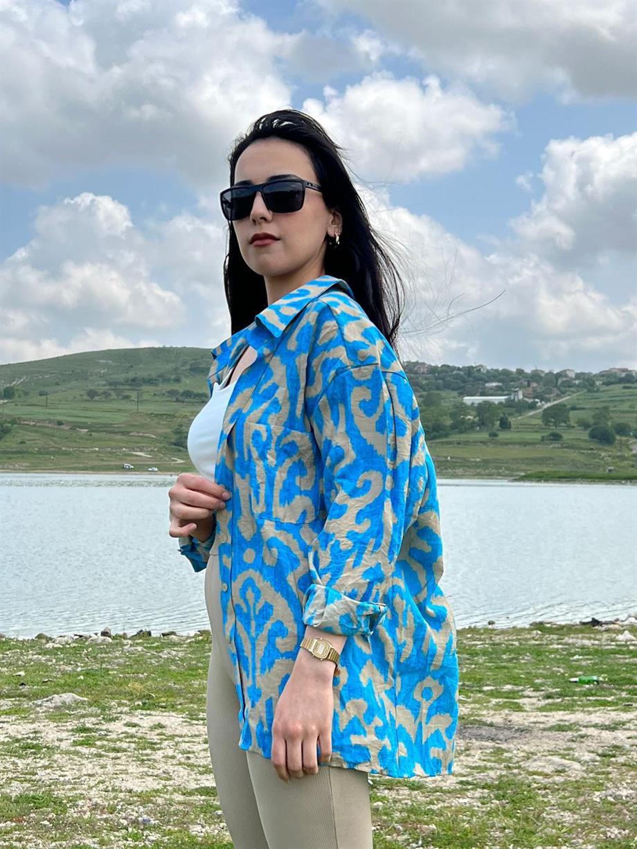 Oversize Baskılı Gömlek Mavi