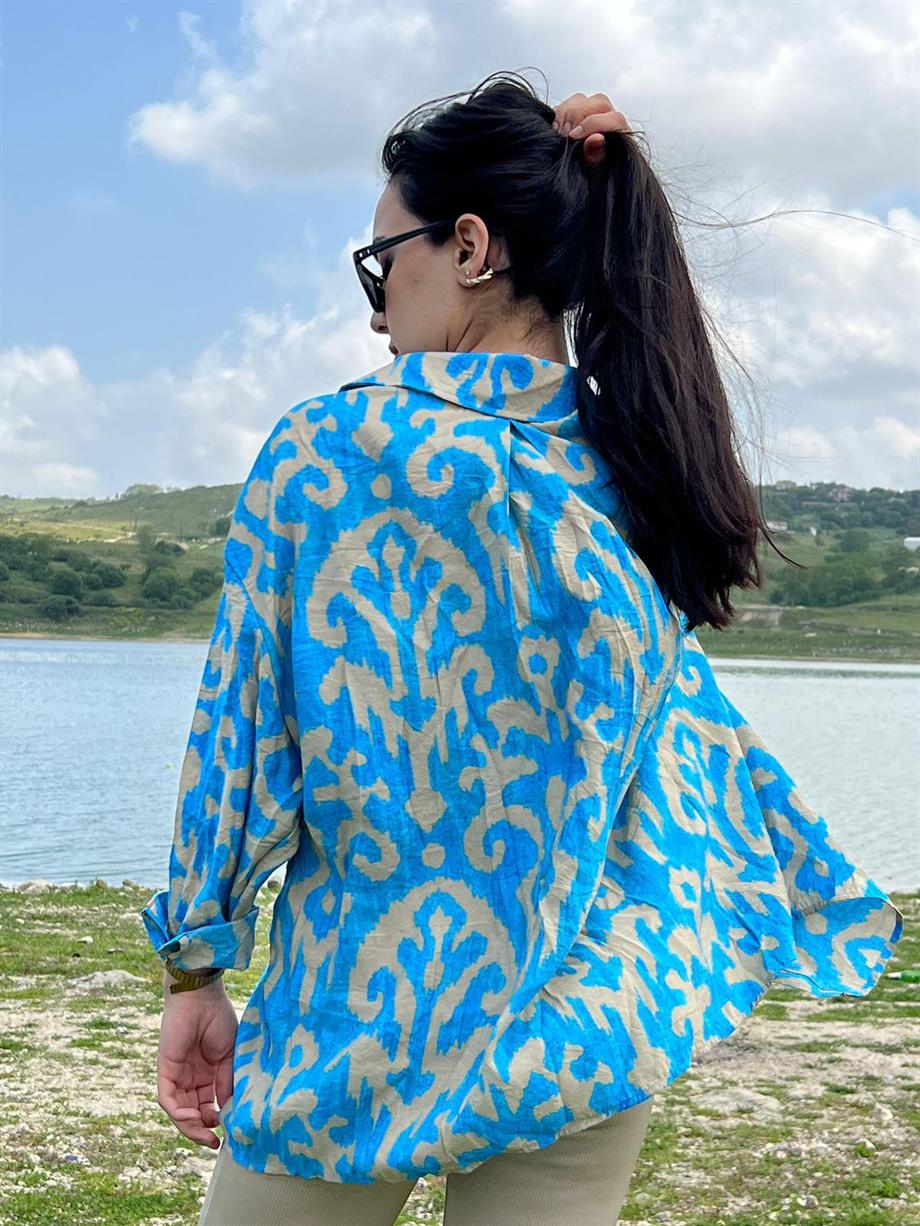 Oversize Baskılı Gömlek Mavi