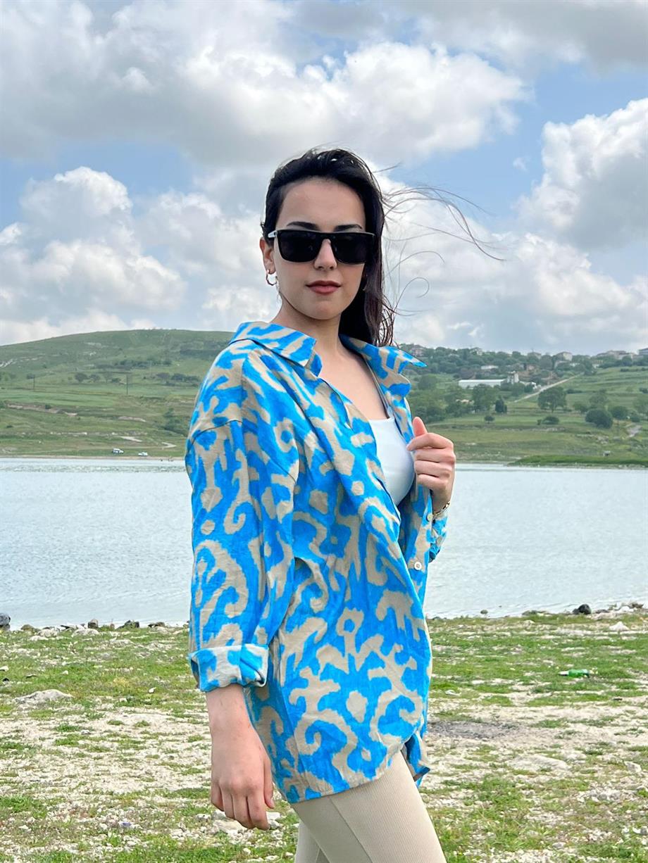 Oversize Baskılı Gömlek Mavi