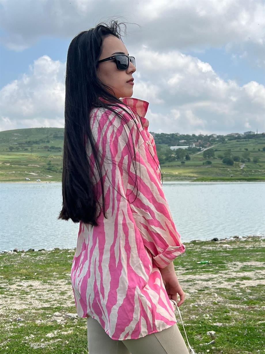 Oversize Baskılı Gömlek Pembe