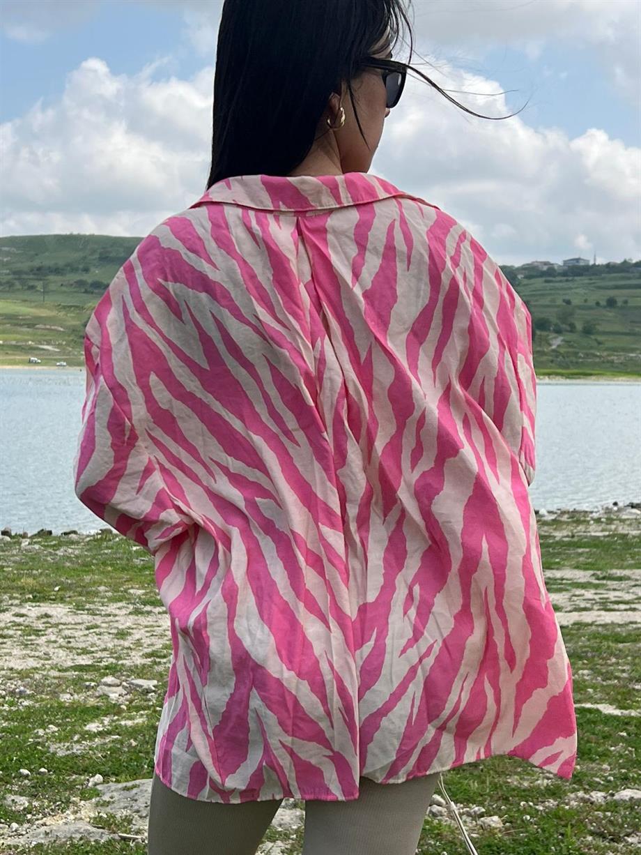 Oversize Baskılı Gömlek Pembe