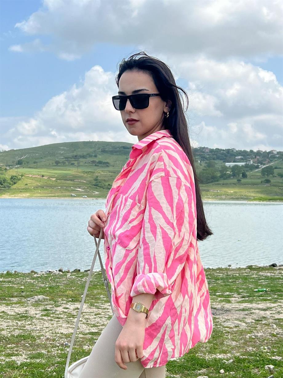 Oversize Baskılı Gömlek Pembe