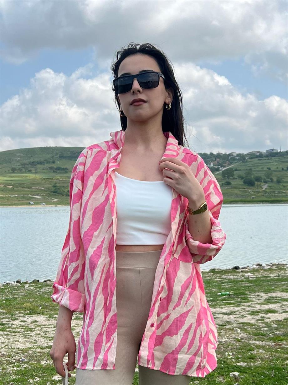 Oversize Baskılı Gömlek Pembe