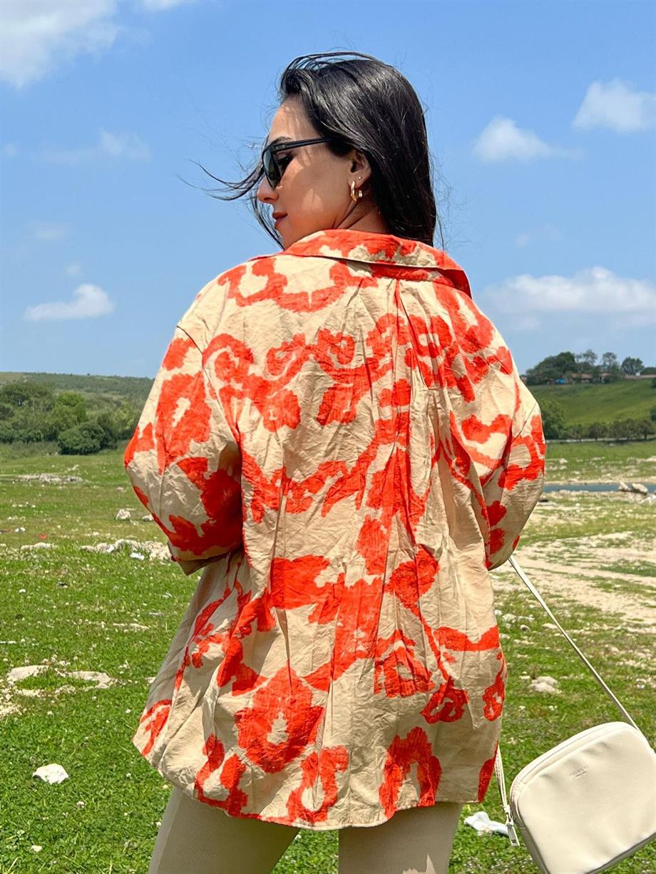 Oversize Baskılı Gömlek Turuncu