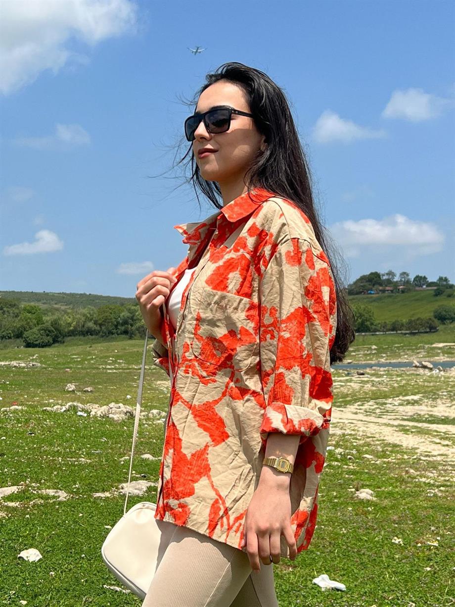 Oversize Baskılı Gömlek Turuncu