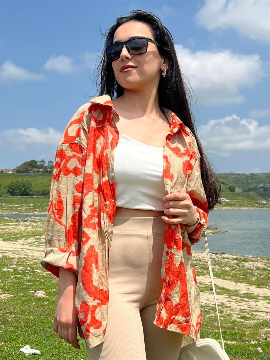 Oversize Baskılı Gömlek Turuncu