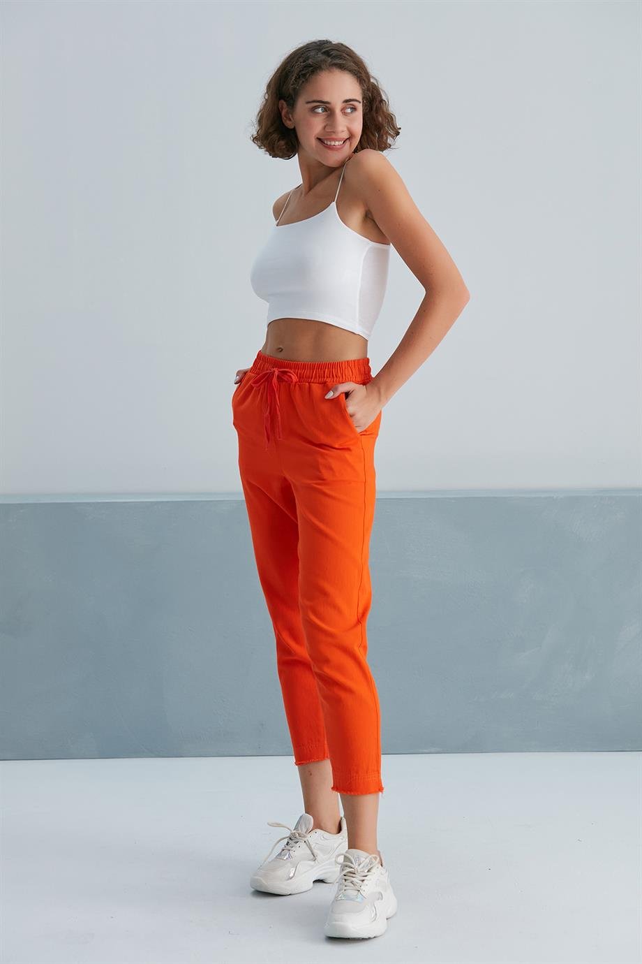 Paçası Püsküllü Gabardin Pantolon Oranj