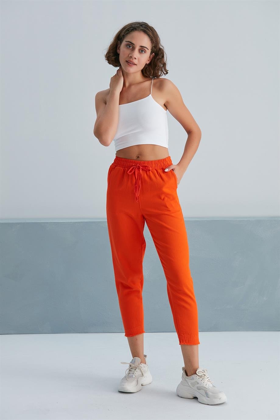 Paçası Püsküllü Gabardin Pantolon Oranj