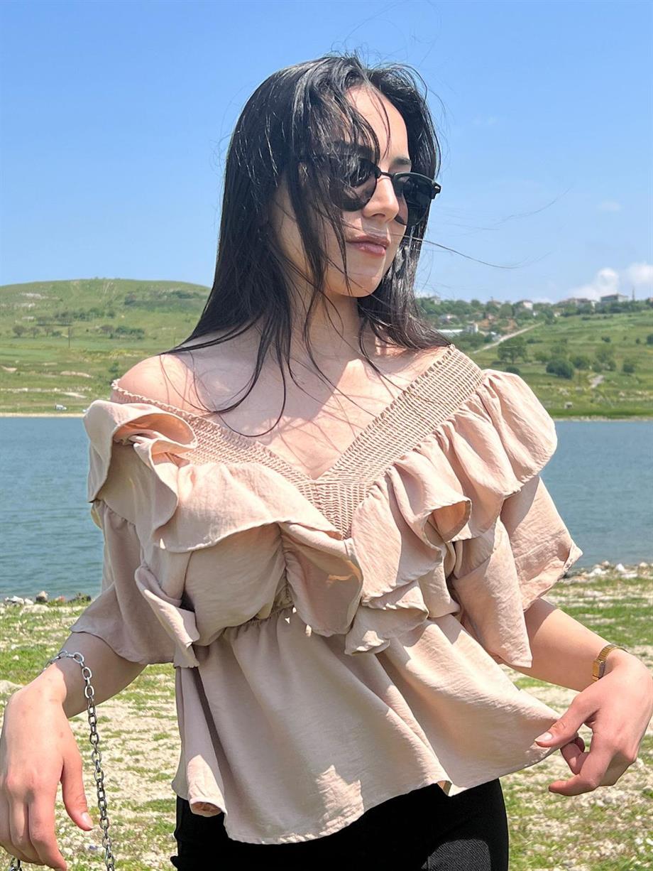 V Yaka Aller Poplin Bluz Kahverengi